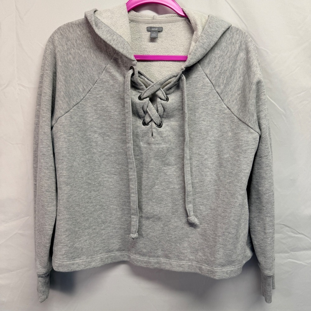 Aerie Hoodie Women XS Grey Lace Up V-Neck Raglan Sleeve Pullover Sweatshirt